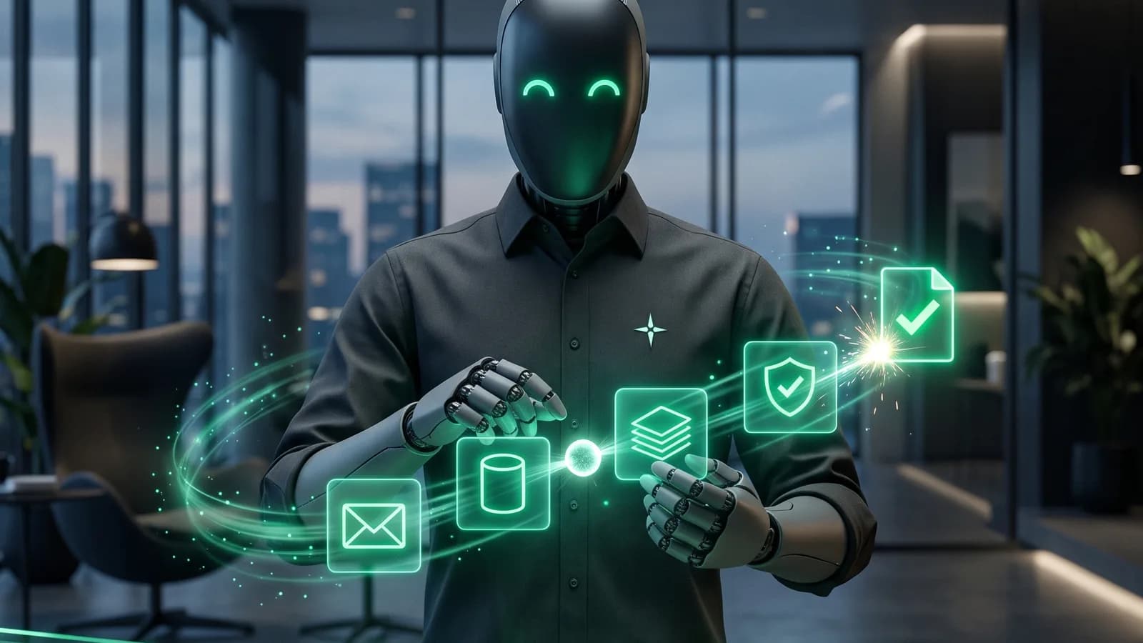 Робот-агент соединяет светящиеся модули почты, учётной системы и CRM в одну цепочку, по которой заявка доходит до готового счёта